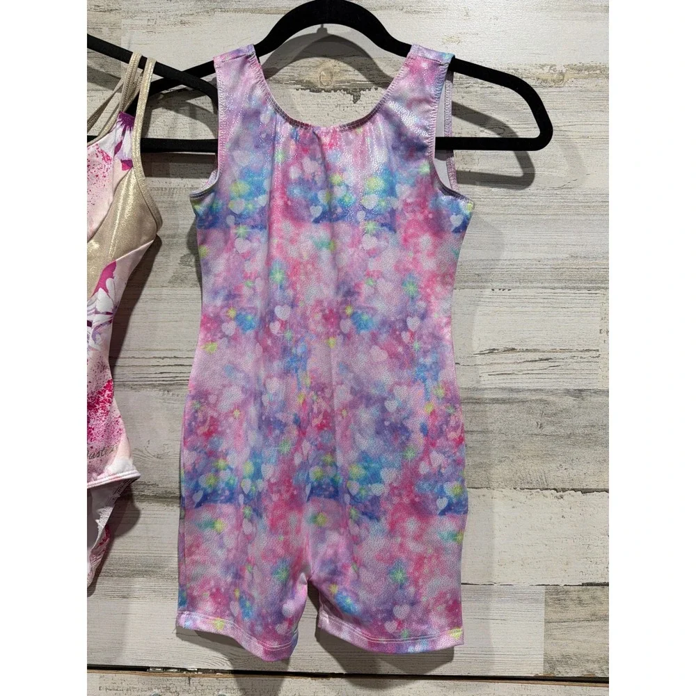 Justice Leotard Unitard Lot Girls 12-14 Pink Floral Heart Dance Dancewear EUC